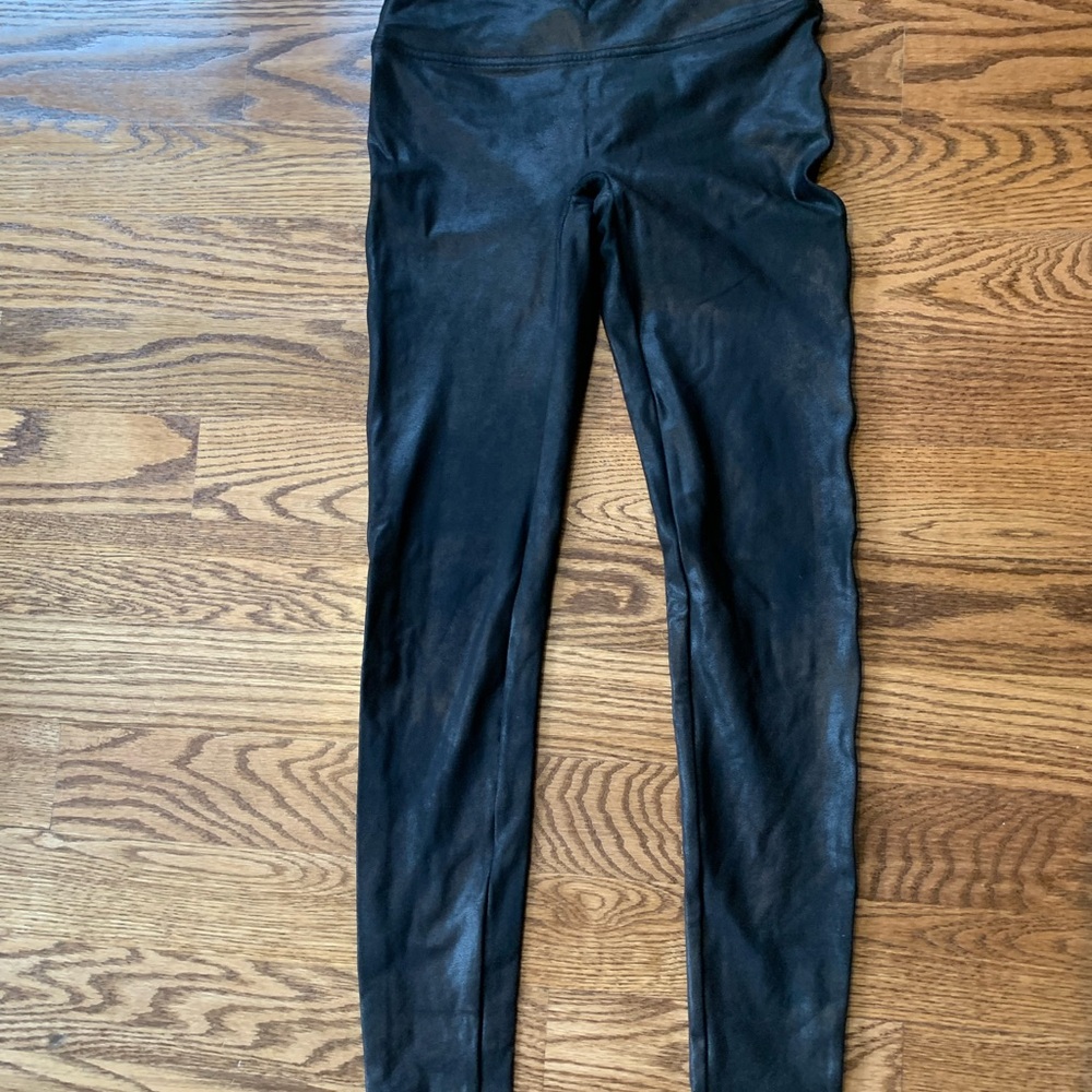 SPANX Black Faux Leather Leggings with Red Brand Tab